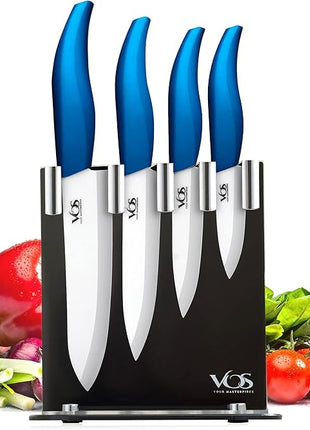 Vos Ceramic Knife Set with Block, Ceramic Knives Set For Kitchen, Ultra Sharp Kitchen Knife Set with Covers, 3" 4" 5" 6" Chef Knife, Utility, Paring & Versatile, Lightweight, Dishwasher safe (Blue)