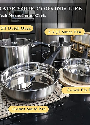 Meythway 𝐔𝐏𝐆𝐑𝐀𝐃𝐄 Stainless Steel Pots and Pans Set Non Toxic, 6PCs Kitchen Cookware Sets with Stay-Cool Handles, Non-Stick, Dishwasher Safe&Compatible with All Stovetops(Gas,Electric&Induction)