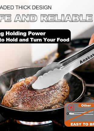 Anaeat Premium Kitchen Locking Tong Set of 3 - Heavy Duty Stainless Steel Food Tongs with Long Handle & Non-Slip Silicone Grip for Cooking, Baking, Grilling - Heat Resistant up to 480°F