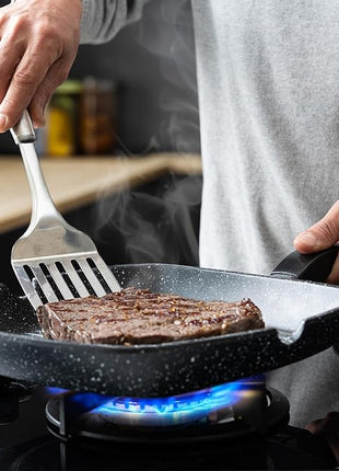 Moss & Stone Aluminum Nonstick Grill Pan for Stove Tops, Versatile Griddle Skillet with Pour Spouts, 11 Inch Square Grill Pan Big Cooking Surface, Durable Skillet For Indoor Cooking & Outdoor Grilling