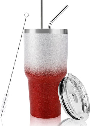 D·S 30 oz Tumbler Christmas Red Glitter Gradient Cup Stainless Steel Double Wall Vacuum Insulated Mug with Straw and Lid, Cleaning Brush for Cold and Hot Beverages