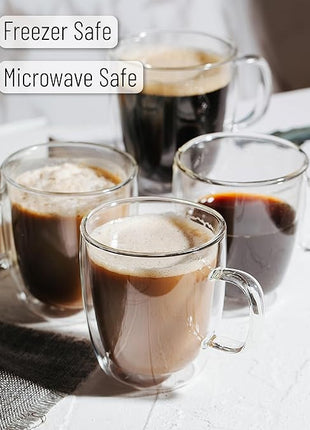 BTaT- Double Wall Glass Coffee Mugs, 12 oz, Set of 4, Clear Latte Cups, Insulated, Christmas Gifts