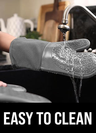 BPA-Free Soft Silicone Oven Mitts - Ultra Heat Resistant Oven Mitts with Thick Cotton Liner - Long Slip Resistant Pot Holders, Flexible Oven Gloves - Gray 13.7"