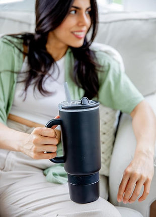 Ello Port 40oz Tumbler with Carry Loop & Integrated Handle, Vacuum Insulated Stainless Steel Reusable Water Bottle, Travel Mug with Leak Proof Lid and Straw, Perfect for Iced Coffee and Tea, Black