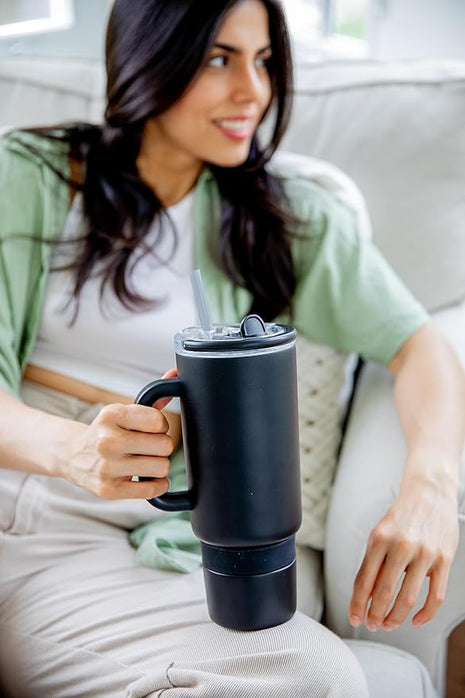 Ello Port 40oz Tumbler with Carry Loop & Integrated Handle, Vacuum Insulated Stainless Steel Reusable Water Bottle, Travel Mug with Leak Proof Lid and Straw, Perfect for Iced Coffee and Tea, Black