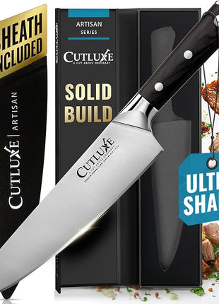 Cutluxe Chef Knife – 8" Kitchen Knife, German High Carbon Steel, Full Tang, Ergonomic Handle Design, Sheath Included – Artisan Series