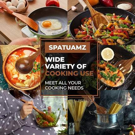 SPATUAMZ Teak Wood Spoons for Cooking, Natural Wooden Utensil Set of 10, Durable Heat Resistant Kitchen Cooking Utensils for Non-Stick Cookware