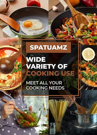 SPATUAMZ Wooden Spoons for Cooking, Teak Wood Kitchen Utensil Set for Nonstick Cookware, Durable Cooking Spatulas Set of 9 with Holder and Spoon Rest