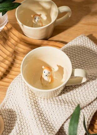 DIHOclub Bear Ceramic Cup Hidden 3D Animal Inside Mug,Cute Cartoon Handmade Figurine Mugs,Holiday and Birthday Gift for Coffee Milk Tea Lovers,12 OZ(Cream Color)