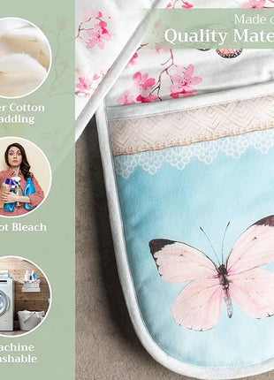 Maison d' Hermine Double Oven Mitts 100% Cotton 7"x35" Double Oven Mitt Heat Resistant BBQ Cooking Gloves with Loop, Baking, Grilling, Kitchen, Handling Hot Pans Spring Summer (Blossoms in Spring)