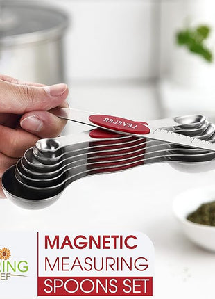 Spring Chef Red Stainless Steel Magnetic Measuring Spoons Set of 8 with Leveler, Metal Teaspoon & Tablespoon Measuring Spoons with Strong Magnets, Kitchen Gadgets for Baking & Cooking - Set of 2