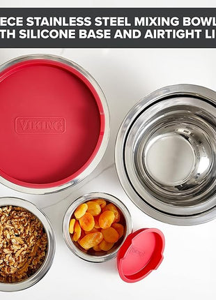 VIKING Mixing Bowls Set, 10 Piece Stainless Steel Kitchen Cookware, Non-Slip Silicone Base, Includes Tight Fit Lids, Dishwasher Safe, Red