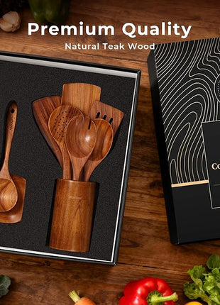 9pc Teak Wooden Utensils - Natural Teak Cooking Utensils with Premium Gift Box - Kitchen Gift Set