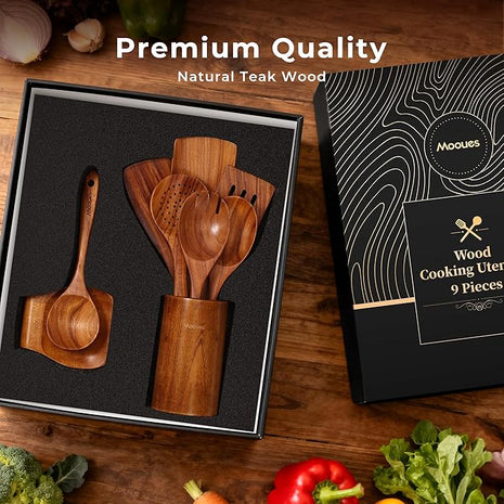 9pc Teak Wooden Utensils - Natural Teak Cooking Utensils with Premium Gift Box - Kitchen Gift Set