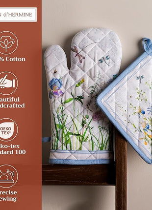 Maison d' Hermine 100% Cotton Oven Mitt & Pot Holder Set (7.5"x13" & 8"x8") Heat Resistant BBQ Cooking Gloves with Loop, Baking, Grilling, Kitchen, Handling Hot Pans Spring/Summer (Fleurs De Mai)