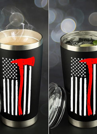 Firefighter Gifts for Men | Stainless Steel Travel Tumbler/Mug with Lid for Coffee Cup| Thin Red Line Flag Design for Fireman | Fire Department | First Responder Valentine's Day Gift (20oz Black)