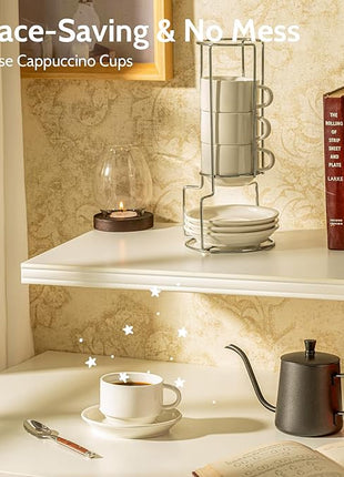 Sweese 8 Ounce Porcelain Stackable Cappuccino Cups with Saucers and Metal Stand - for Specialty Coffee Drinks, Cappuccino, Latte, Americano and Tea - Set of 4, White