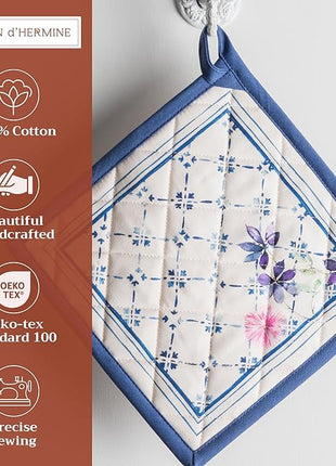 Maison d' Hermine Pot Holders 100% Cotton Heat Resistant Potholders 8" x 8" Hot Pads with Loop BBQ, Cooking, Baking, Grilling, Kitchen, Handling Hot Pans Spring/Summer (Pack of 1, Faience)