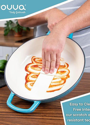 Shallow Cast Iron Casserole with Lid – Non Stick Dutch Oven Pot, Oven Safe up to 500° F – Sturdy Ovenproof Stockpot Cookware – Enamelled Cooking Pot – Blue, 5-Quart, 32cm – by Nuovva