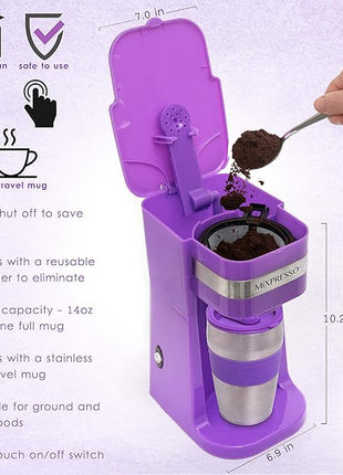 Mixpresso Purple Personal Single Serve Coffee Maker with 14oz Travel Mug, Drip Small Coffee Maker with Auto Shut Off, Reusable Filter, Works with Ground Coffee Only – Not for K-Cup Pods