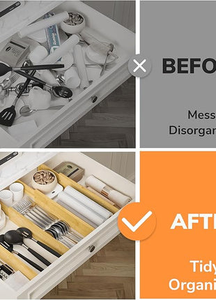 BAMEOS 3" H Large Bamboo Drawer Dividers Adjustable Drawer Organization Expandable Utensil Organizers for Kitchen Dresser Bathroom Bedroom and Office 4-pack