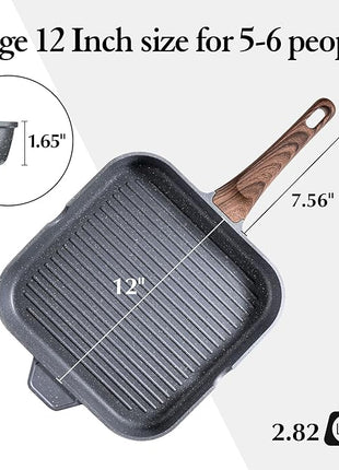 SENSARTE Nonstick Grill Pan for Stove Tops, Versatile Griddle with Pour Spouts, Square Big Cooking Surface, Durable Skillet Indoor & Outdoor Grilling. PFOA Free,12Inch