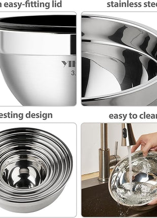 YIHONG 7 Piece Metal Mixing Bowls with Lids for Kitchen, Stainless Steel Set Ideal for Baking, Prepping, Cooking and Serving Food, Nesting Design for Space Saving Storage(Black)