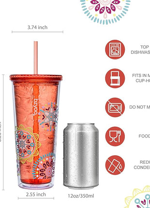 bzyoo SIP 24oz (710ml) Double Wall Plastic Tumbler with Lid and Straw Cold Drink Travel Mug Reusable Party Cup Perfect for Ice Coffee, Tea Office Poolside Parties Gifts Color: Medallion Orange