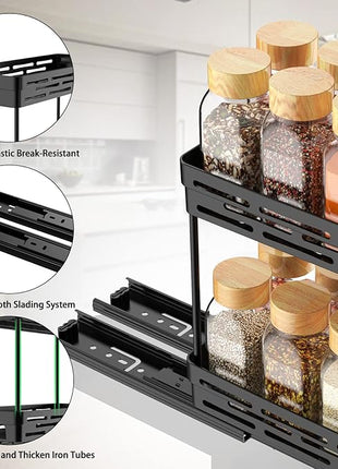 2 Pack Pull Out Spice Rack Organizer for Cabinet, Slide Out Spice Racks Organizer, Spice Cabinet Organizers, Cabinet Size Need:12'' Highx11'' Deepx5'' Wide,Hold 10 Spice Jar Each Tier-2Tier, Black