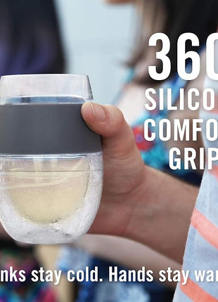 HOST 2962 Freeze Stemless Red & White Wine Tumbler Cups, Insulated Plastic Glass, Set of 2, 8.5 oz, Grey Silicone Bands