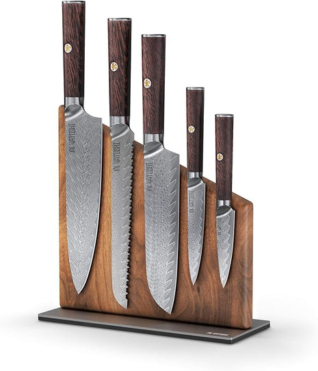 Yatoshi Knives Magnetic Kitchen Knife Block Set - Japanese 67 Layer High-Grade VG-10 Steel Knives, Sharp, G10 Handle Professional Kitchen Knife Set - Damascus (6 pieces), Brown