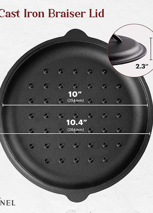 Cuisinel Cast Iron Lid - Fits 10"-Inch Lodge Skillet Frying Pans or Braiser + Silicone Handle Holder + Care Guide - 25.4-cm Pre-Seasoned Universal Replacement Cover - Indoor/Outdoor, Fire, BBQ Safe