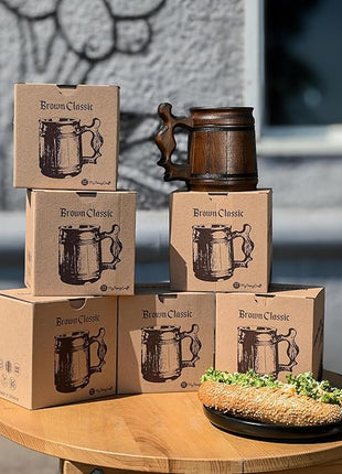 Set of 6 Beer Mug 10 OZ - Coffee Mug - Beer stein - Wooden beer mug - Stainless Steel Cup - Handmade Gifts for Men - Fathers Day, Christmas or Birthday Gift Idea - Men Mug - Classic Brown