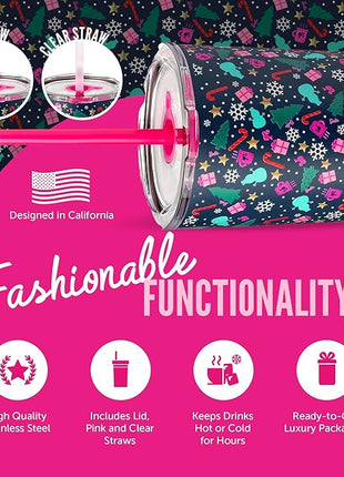 Dragon Glassware x Barbie 24 oz Insulated Stainless Steel Tumbler with Lid and 2 Straws - Festive Holiday Travel Coffee Tumbler Cup to Keep Drinks Hot or Cold, Fits Cup Holders - Christmas Theme