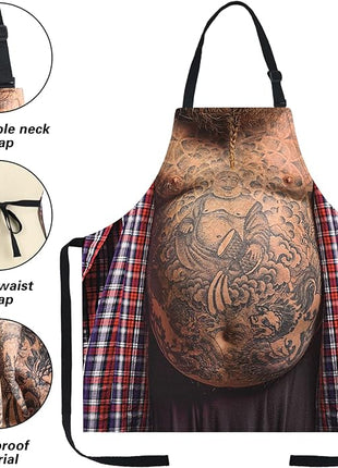Funny Men Cooking Grilling Aprons Tattoo Belly BBQ Funny Gag Gifts for Christmas, White Elephant Gift Exchange (Tattoo, One Size)