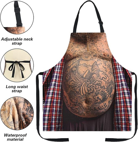 Funny Men Cooking Grilling Aprons Tattoo Belly BBQ Funny Gag Gifts for Christmas, White Elephant Gift Exchange (Tattoo, One Size)
