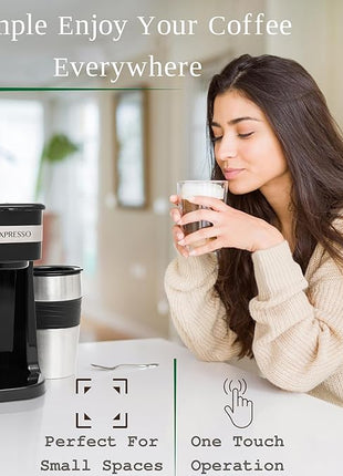 Mixpresso Black Personal Single Serve Coffee Maker with 14oz Travel Mug, Drip Small Coffee Maker with Auto Shut Off, Reusable Filter, Works with Ground Coffee Only – Not for K-Cup Pods