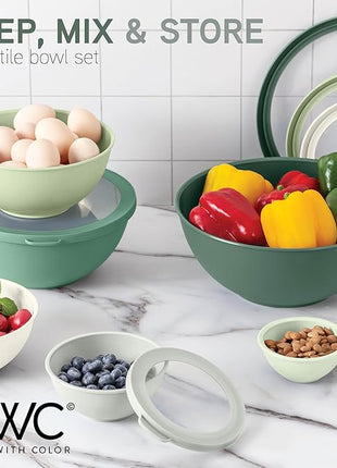 COOK WITH COLOR Mixing Bowls with TPR Lids - 12 Piece Plastic Nesting Bowls Set includes 6 Prep Bowls and 6 Lids - Microwave Safe (Sage)