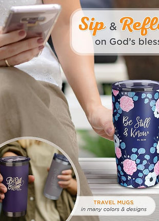 Christian Art Gifts Stainless Steel Double-Wall Vacuum Insulated Travel Mug 18 oz Navy Blue with Pink Floral Tumbler with Lid for Women with Inspirational Bible Verse - Be Still & Know -Psalm 46:10