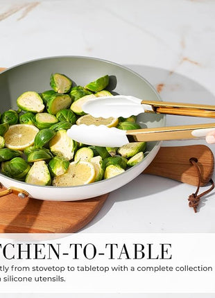 Styled Settings White and Gold Cooking Utensils Set with Holder - 15-Piece Silicone Cooking Tools with Utensil Holder, Measuring Cups, and Spoons - Elegant White and Gold Kitchen Accessories