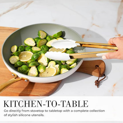 Styled Settings White and Gold Cooking Utensils Set with Holder - 15-Piece Silicone Cooking Tools with Utensil Holder, Measuring Cups, and Spoons - Elegant White and Gold Kitchen Accessories