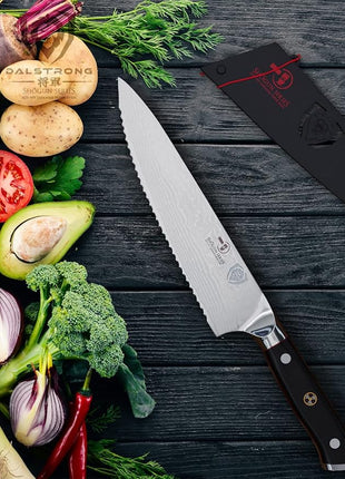 Dalstrong Serrated Chef Knife - 7.5 inch - Shogun Series Elite - Damascus - Japanese AUS-10V Super Steel - Razor Sharp Chef's Knife - Black G10 Handle - w/Sheath