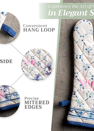 Maison d' Hermine 100% Cotton Oven Mitt & Pot Holder Set (7.5"x13" & 8"x8") Heat Resistant BBQ Cooking Gloves with Loop, Baking, Grilling, Kitchen, Handling Hot Pans Spring/Summer (Faience)