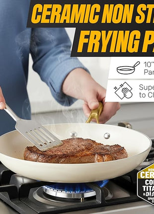 GOTHAM STEEL 15 Pc Ceramic Cookware Set, Ceramic Pots and Pans Set Non Stick with Cooking Utensils and Steamer, Non Toxic PFOA PFOS Free, Premium Gold Stay Cool Handles, Oven & Dishwasher Safe