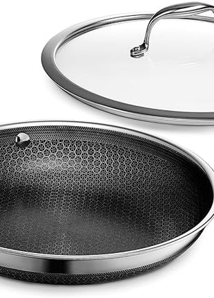 HexClad Hybrid Nonstick 10-Inch Frying Pan with Tempered Glass Lid, Stay-Cool Handle, Dishwasher-Friendly, Oven-Safe Up to 900°F, Induction Ready, Compatible with All Cooktops