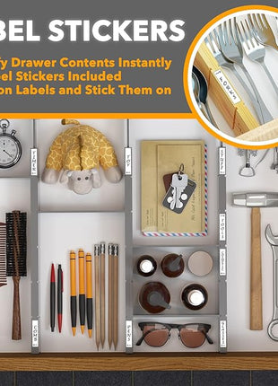 SpaceAid Bamboo Drawer Dividers with Inserts and Labels, Kitchen Adjustable Drawer Organizers, Expandable Organization for Home, Office, Dressers, 4 Dividers with 9 Inserts (17"-22" Gray)