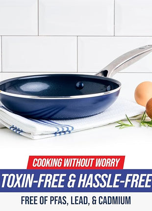 Blue Diamond Frying Pan 8” Skillet, Diamond Infused Healthy Ceramic Nonstick, PFAS and PFOA-Free, Dishwasher and Oven Safe, Even Heating, Metal Utensil Safe, Warp Control Base, Blue (Pack of 4)