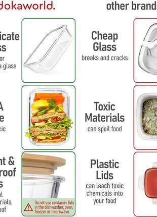 Set of 4 Stackable Space-Saving Nesting Glass Containers with Airtight Bamboo Lids - Lunch, Meal & Food Prep - Microwave & Oven Safe BPA Free Durable Heat Resistant Inert Borosilicate Glass