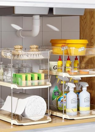 Delamu 2 Pack 3-Tier Bathroom Under Sink Organizers and Storage, Multi-Purpose Stackable Pantry Organization and Storage, Pull Out Clear Kitchen Bathroom Cabinet Organizer with Movable Dividers, Beige