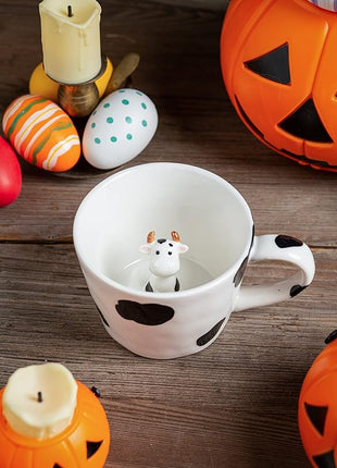 DIHOclub Cow Ceramic Cup Hidden 3D Animal Inside Mug,Cute Cartoon Handmade Figurine Mugs,Holiday and Birthday Gift for Coffee Milk Tea Lovers,12 OZ(White,Black)